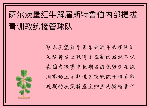 萨尔茨堡红牛解雇斯特鲁伯内部提拔青训教练接管球队 萨尔茨堡红牛解雇斯特鲁伯内部提拔青训教练接管球队
